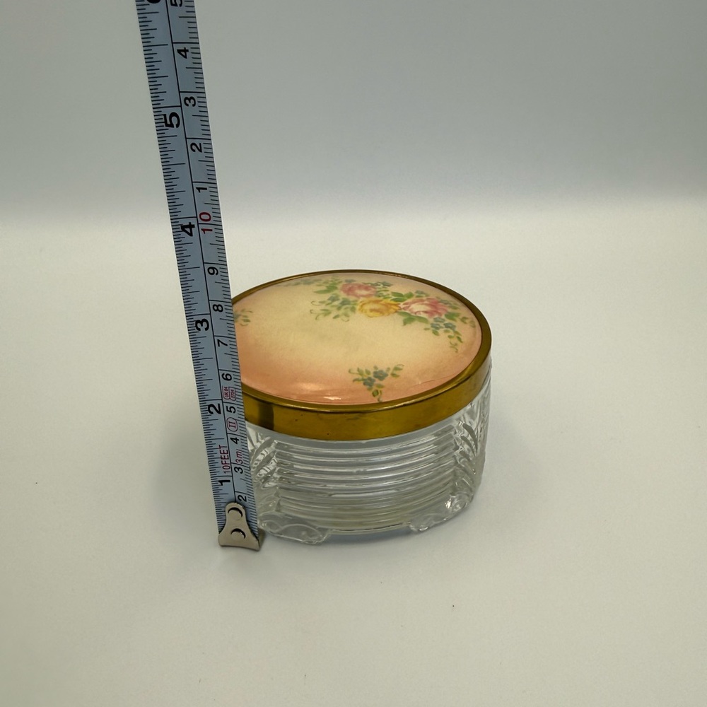 Vintage Art Deco Glass Vanity Cosmetic Makeup Jar Floral Lid Floral Pattern - Picture 10 of 11